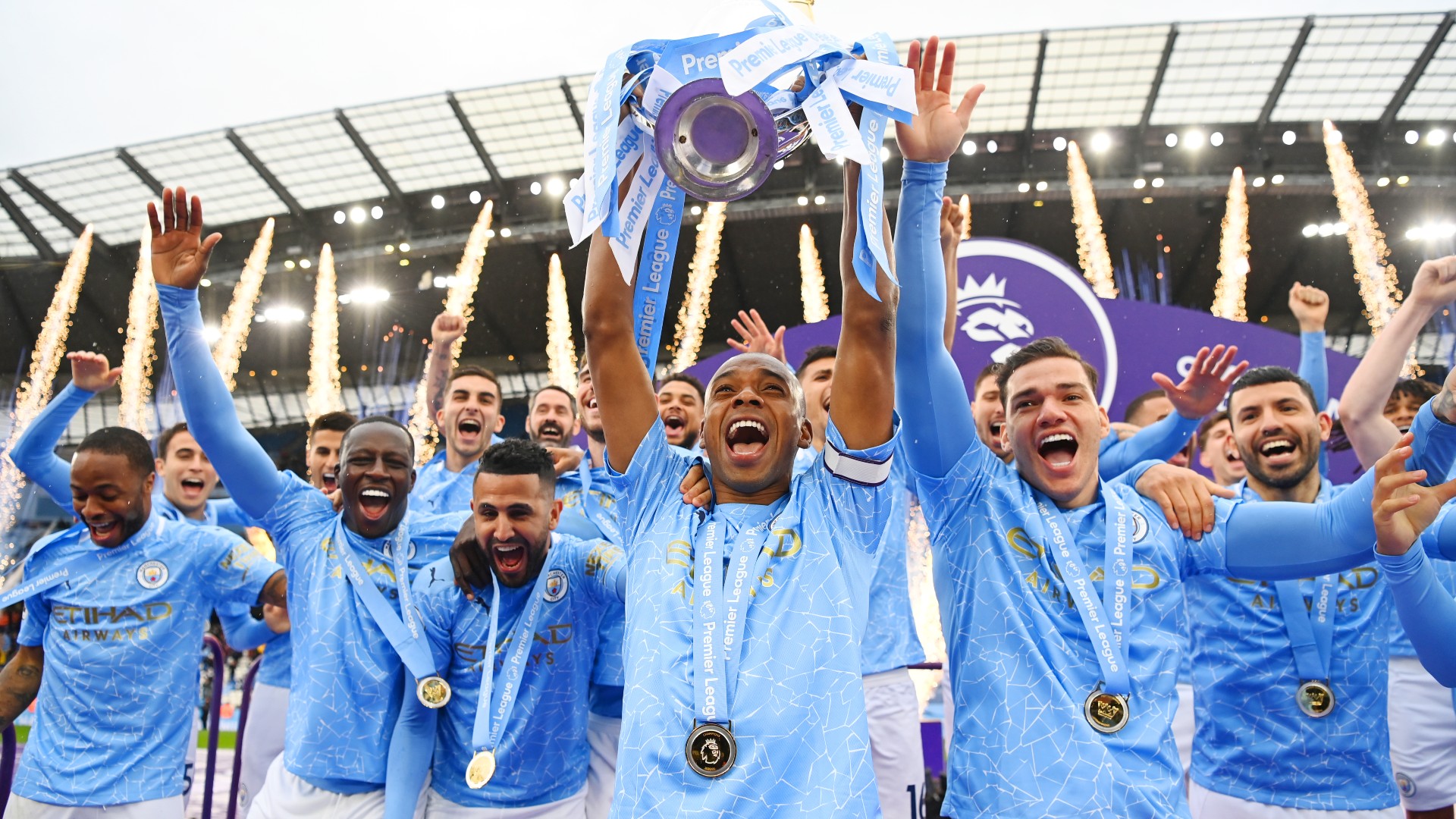 Manchester City hoist 2021 Premier League trophy Manchester City hoist 2021 Premier League trophy