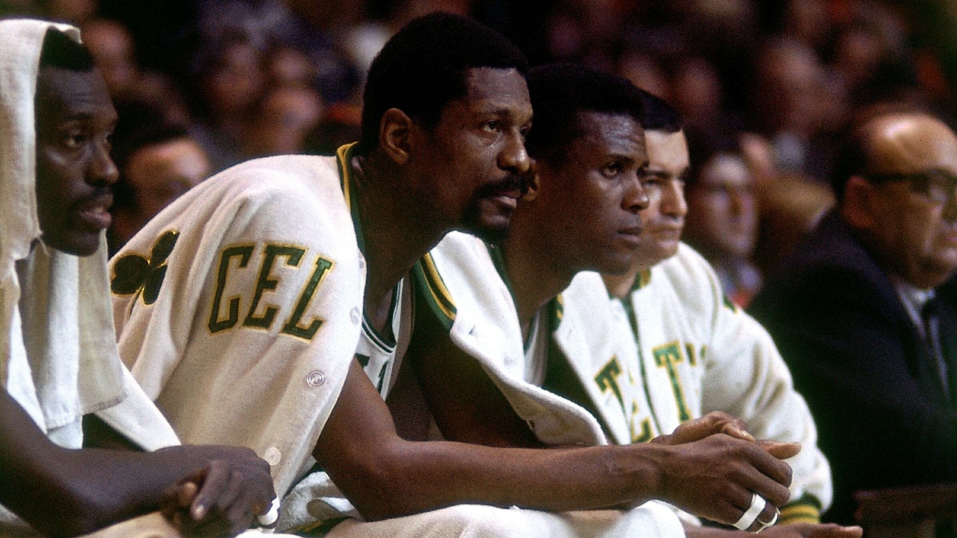 Bill Russell looks on from the sidelines during a 1967 game at the Boston Garden.