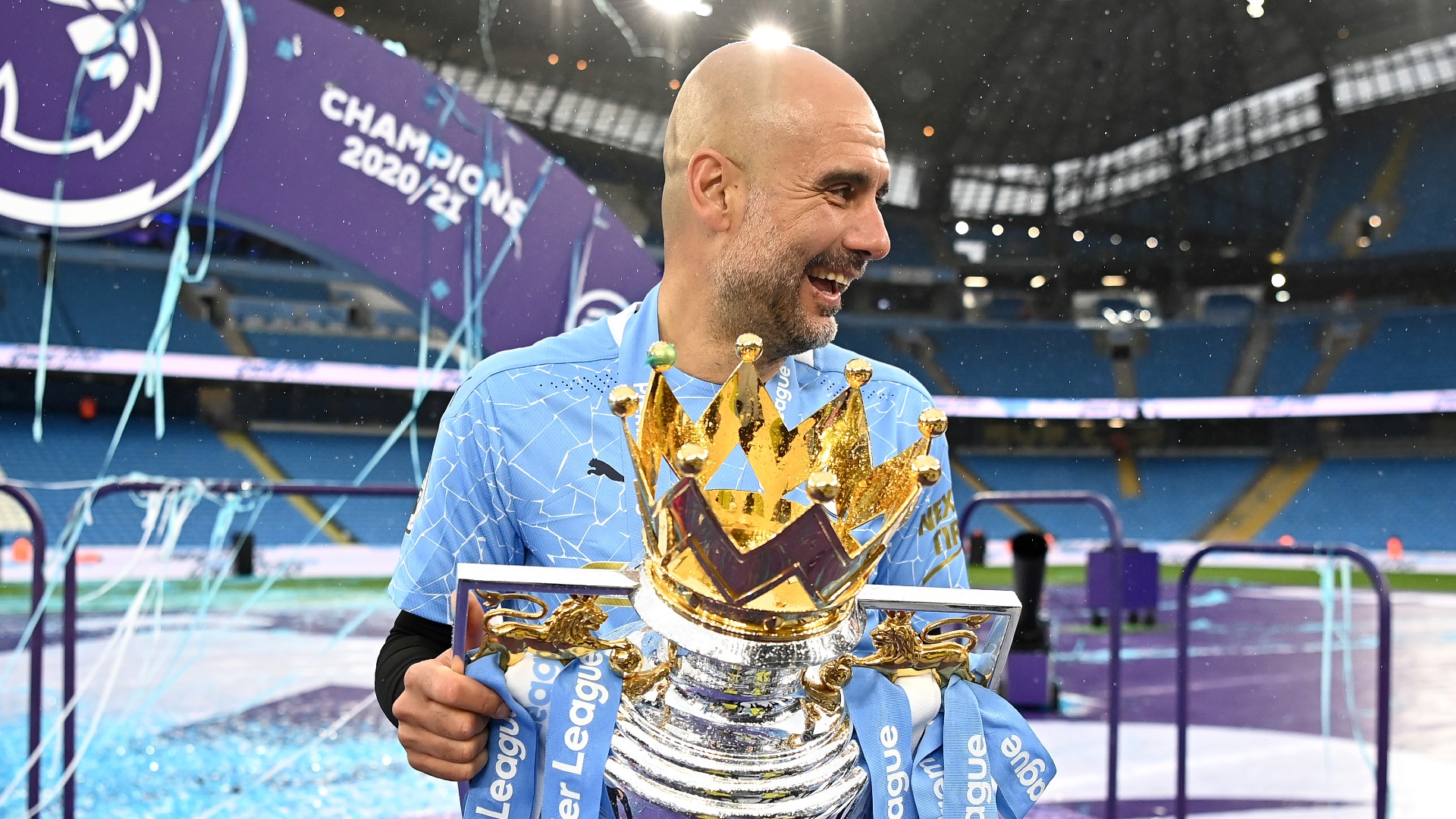 Pep Guardiola Man City 2020:21 Premier League trophy